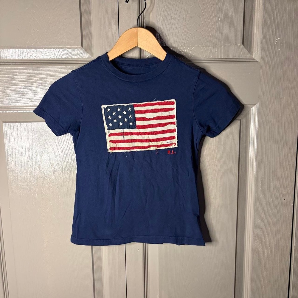 Polo Ralph Lauren American Flag Baby Tee Navy Blue Youth 6 Fits Women XS
